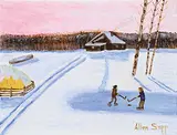 Untitled - Hockey Time by Allen Sapp, acrylic on canvas, sold Dec 2023