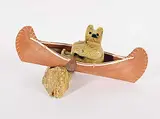 Vance Theoret, Without a Clue in a Canoe, stone, wood and leather sculpture