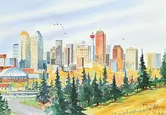 Untitled - Calgary Cityscape by Peter J. Thompson, watercolour on paper, sold Dec 2023