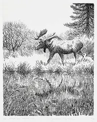 Clarence Tillenius, Bull Moose and Reflection #15/50, etching on paper