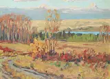 John Davenall Turner, Glenmore Lake from Sarcee Reserve, 1950, oil on wood panel
