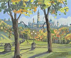 William Ronald Vallevand, The Houses of Parliament from Major's Hill Park, 1971, oil on canvas