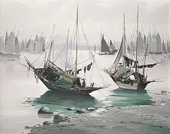 Tinyan Chan, Sampans, oil on canvas