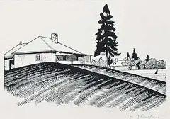 Walter J. Phillips, Engineer's House and South Wall, 1931, wood engraving on paper