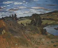 William Goodridge Roberts, Trees on a River Bank, Baie St. Paul, oil on wood board