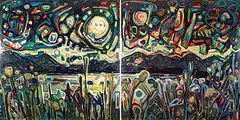 Sandy Kunze, Full Moon at Duck Lake [Diptych], acrylic on wood board