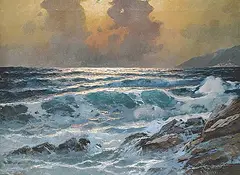 Untitled - Waves at Dawn by Alexander Dzigurski, oil on canvas, sold Nov 2023