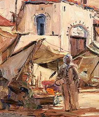 Market Day in Xo Hi Atlas, Morocco by Daniel James Mace Izzard, oil on wood board, sold Nov 2023