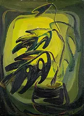 Vivian Lindoe, Plant in Window, oil on wood board