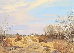 Ernest Luthi, A Country Road in the Krasne District, N.West of Wishart, Sask, 1976, acrylic on canvas board