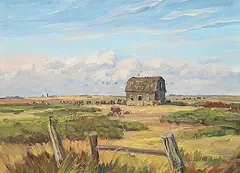Ernest Luthi, Untitled - Gathering at the Old Barn, 1972, oil on canvas board