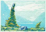 Lake Louise #15/100 by Margaret Shelton, 1984, lino block in three colours on paper, sold Nov 2023