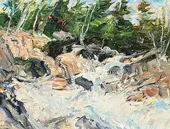 Bruce Steinhoff, Rocks and Whitewater, 1979, oil on wood panel