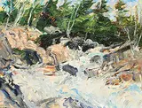 Bruce Steinhoff, Rocks and Whitewater, 1979, oil on wood panel