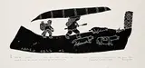 Davidialuk Alasua Amittu, Inuit Traverse the Lake with Dogs Carrying Meat and Tent Poles #20/40, 1977, stonecut on paper