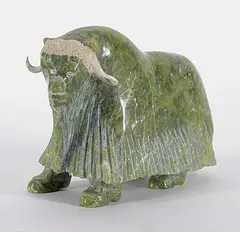Simeeonie Killiktee, Untitled - Hefty Muskox, green stone and bone carving