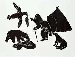 Helen Kalvak, The Old Woman's Helpers #32/45, 1984, stonecut on paper