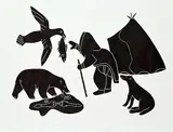 Helen Kalvak, The Old Woman's Helpers #32/45, 1984, stonecut on paper