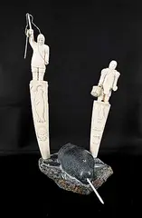 Narwhal and Two Carvings by Pierre Karlik, 1966, stone and bone carving, sold Sep 2023