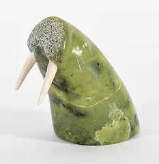 Stephen Kootoo, Untitled - Walrus Head, green stone and bone carving