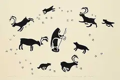 Mabel Nigiyok, Dogs Chasing Caribou #5/50, 1984, stonecut and stencil on paper
