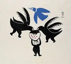 Mary Nawpachee, Boy Feeding Birds #7/50, 1961, colour stonecut on paper