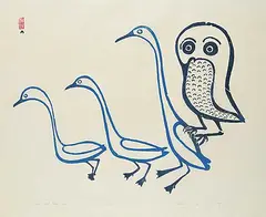 Lucy Qinnuayuak, Owl with Three Birds #AP/2, 1961, colour stonecut on paper