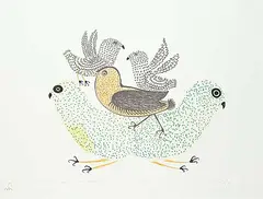 Lucy Qinnuayuak, Young Birds #21/40, 1976, hand coloured lithograph on paper