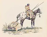 Gerald T. Tailfeathers, Untitled - Mother with Travois, 1967, watercolour and ink on paper
