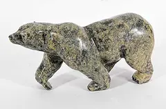 Untitled - Walking Bear by Tommy Takpani, mottled green stone carving, sold Sep 2023