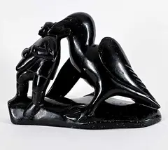 Ken Thomossie, Untitled - Raven and Fisherman, 1976, black stone carving