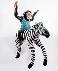 Violet Costello, Monkey on a Zebra, 1997, hanging hand painted paper mache sculpture