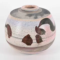 Walter Gibson Dexter, Untitled - Round Raku Vase with Calligraphic Shapes, raku ceramic