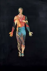 Darcy Logan, We Wear the Body of History, Nor Can We Shed It IV, 2021, acrylic on art history textbook page on wood block