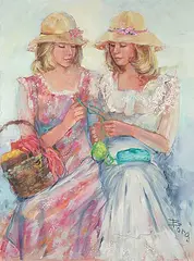 Untitled - Learning to Knit by Irene Borg, oil on canvas, sold May 2023