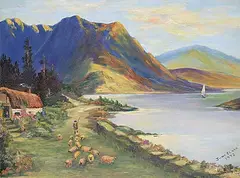 June Clark, Untitled - Herd of Sheep Along River, 1942, oil on wood board
