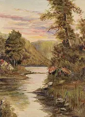 June Clark, Untitled - House Along River, 1939, oil on board