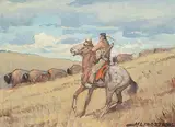 Matt Lindstrom, Untitled - Rider with Bison, oil on paper board