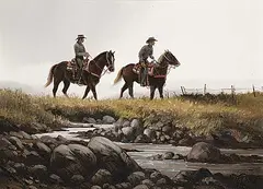 Untitled - Two Riders by Harold Lloyd Lyon, oil on wood board, sold May 2023