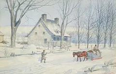 John H. Macnaughton, Winter Chores, Quebec, watercolour on paper