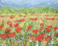 Katherine McLean, Coquelicots et Bleuets, encaustic on wood panel