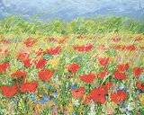 Katherine McLean, Coquelicots et Bleuets, encaustic on wood panel