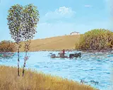 Untitled - Horses Need a Drink by Allen Sapp, acrylic on canvas, sold May 2023