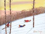 Untitled - Children Sledding by Allen Sapp, acrylic on canvas, sold May 2023
