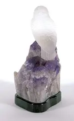 Lyle Sopel, Moonlight - Owl, 2002, green nephrite jade, quartz and amethyst sculpture