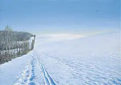 Sylvain Voyer, Country Skiing, Duffield, oil on wood board