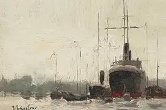 Montreal Harbour, December by John Young Johnstone, oil on canvas board, sold Apr 2023