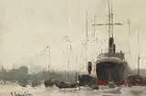 John Young Johnstone, Montreal Harbour, December, oil on canvas board