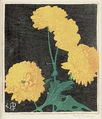 Pom Poms by Walter J. Phillips, colour woodcut on paper, sold Apr 2023