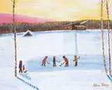 Untitled - Children Playing Hockey by Allen Sapp, acrylic on canvas, sold Apr 2023